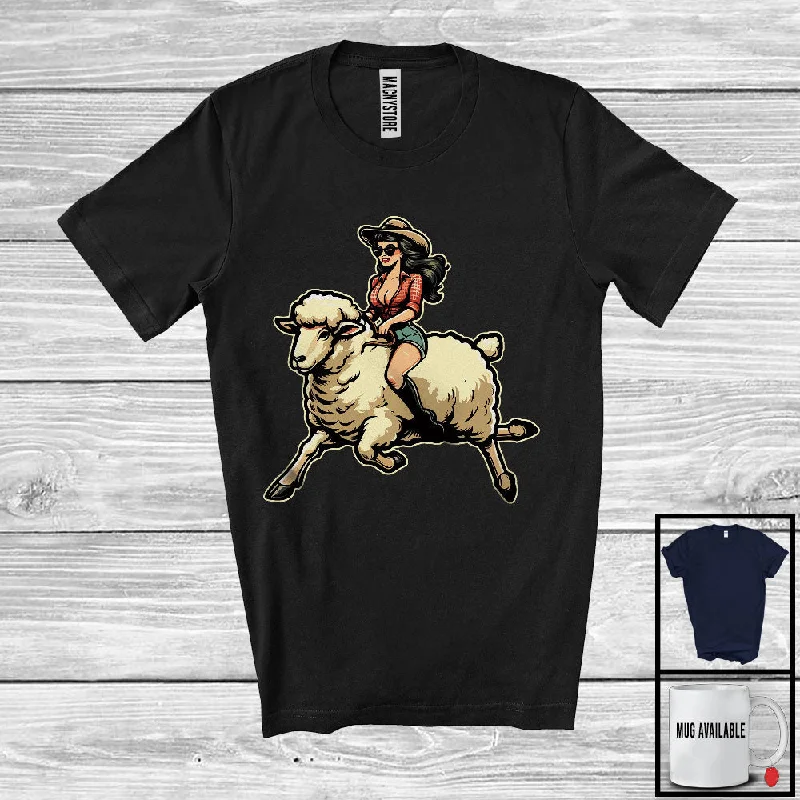 Vintage Girl Women Riding Sheep; Humorous Farm Sheep Farmer; Family Group T-Shirt Wool Fabric Cashmere Fabric Tweed Fabric