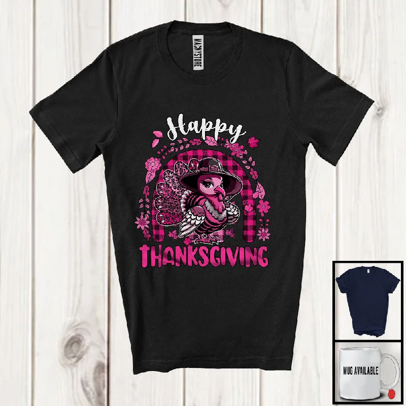 Happy Thanksgiving; Humorous Thanksgiving Pink Turkey Flowers Plaid Rainbow; Women Family T-Shirt Handmade Hand-knitted Hand-woven