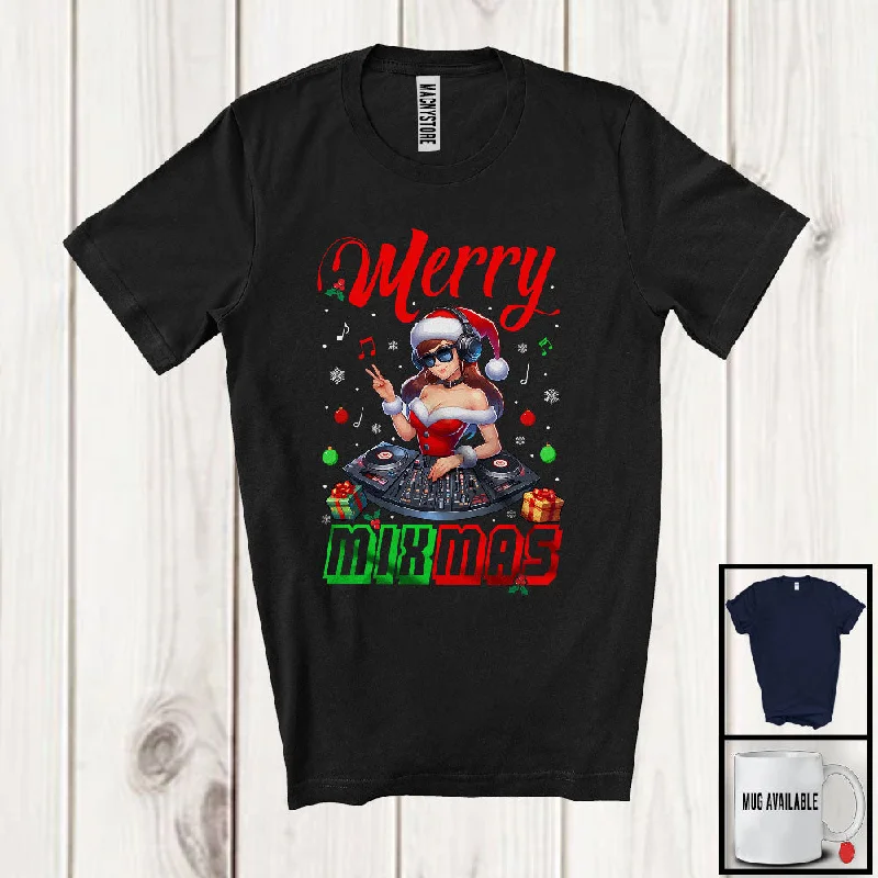 Merry Mixmas; Joyful Christmas Women Santa DJ Dancer; Snow Matching X-mas Music Lover T-Shirt Chenille Brocade Lace