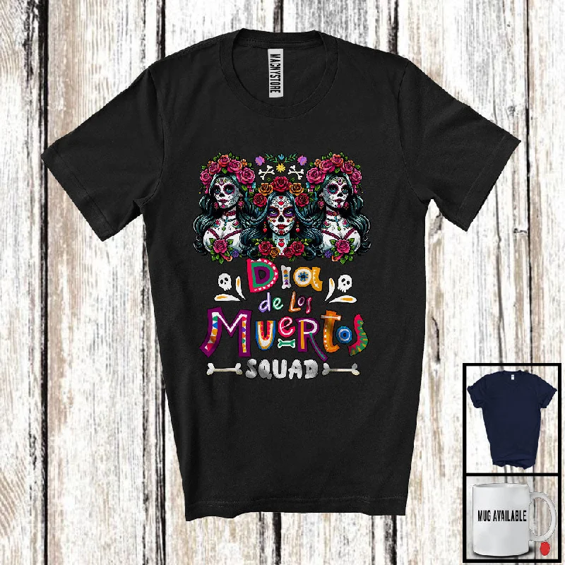 Dia De Los Muertos Squad; Lovely Floral Three Sugar Skull Flowers; Women Girl Mexican Group T-Shirt Sequined Glittery Shiny