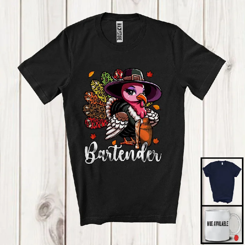 Bartender; Amazing Thanksgiving Leopard Turkey Girl Women; Proud Jobs Family Group T-Shirt Graphic Embroidered Appliqued