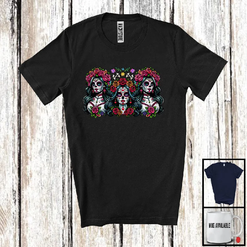 Three Sugar Skull Flowers; Lovely Dia De Los Muertos Squad Sugar Skull; Women Mexican Group T-Shirt Jersey Fabric Tulle Fabric Batik Fabric
