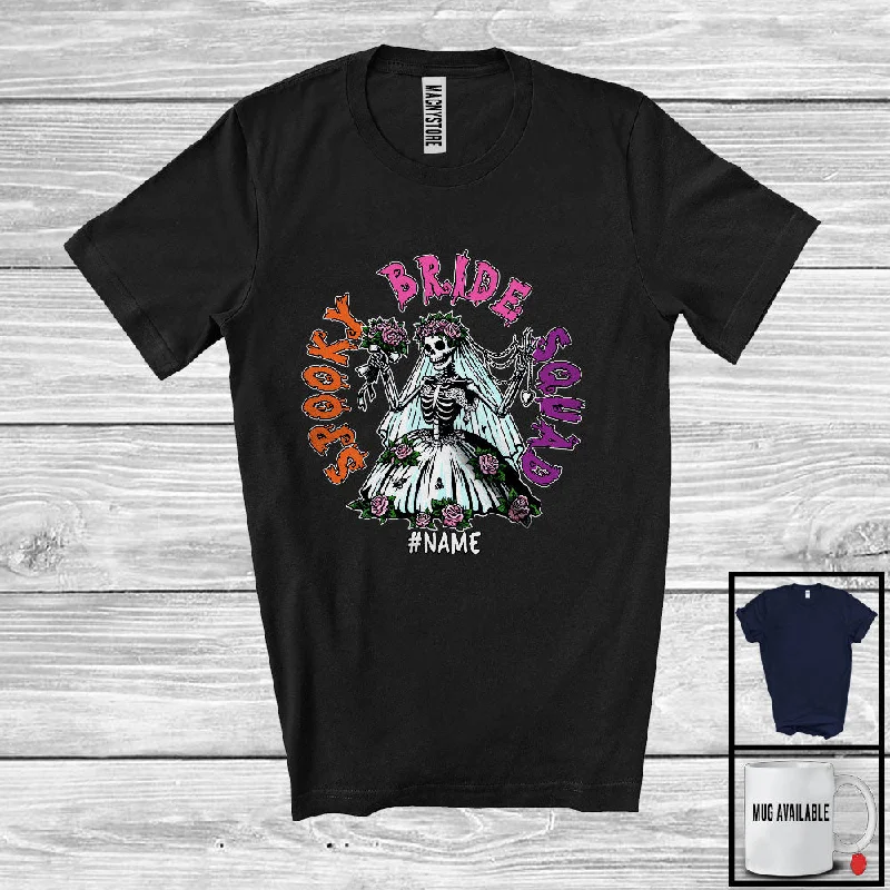 Personalized Custom Name Spooky Bride Squad; Joyful Halloween Bachelorette Skeleton Women; Couple T-Shirt Ribbed Striped Patterned