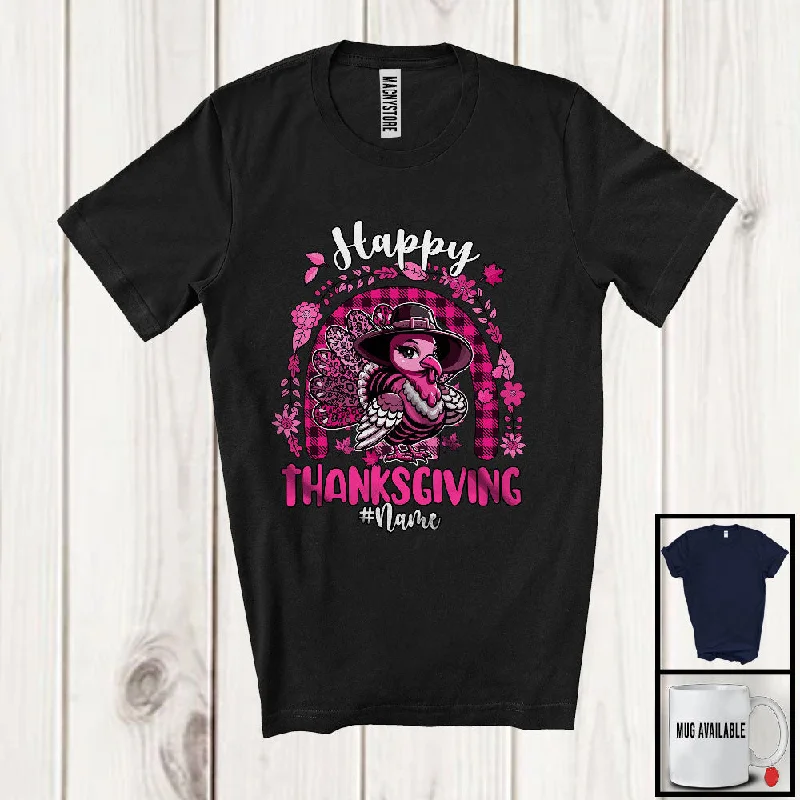 Personalized Custom Name Happy Thanksgiving; Humorous Pink Turkey Rainbow; Women Family T-Shirt Fitted T-Shirt Seamless Stretchy