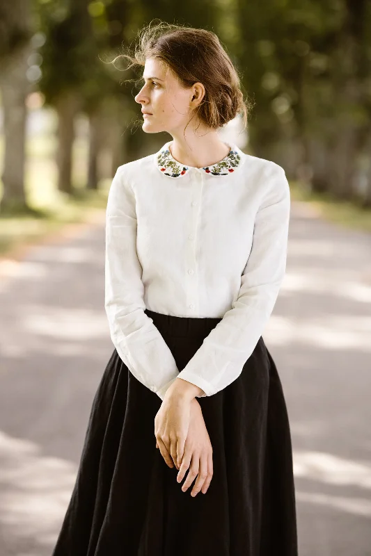 Classic Shirt with Embroidered Garden Collar, Long Sleeve Notch Collar Peter Pan Collar Cowl Neck