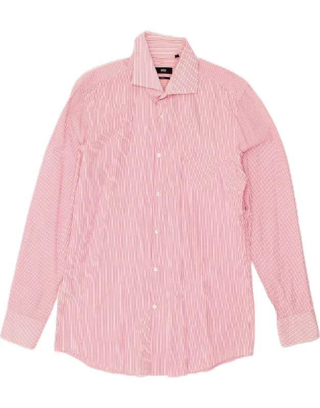 HUGO BOSS Mens Slim Fit Shirt Size 16 1/2 42 Large Pink Pinstripe Cotton Hooded Caped Shawl Collar