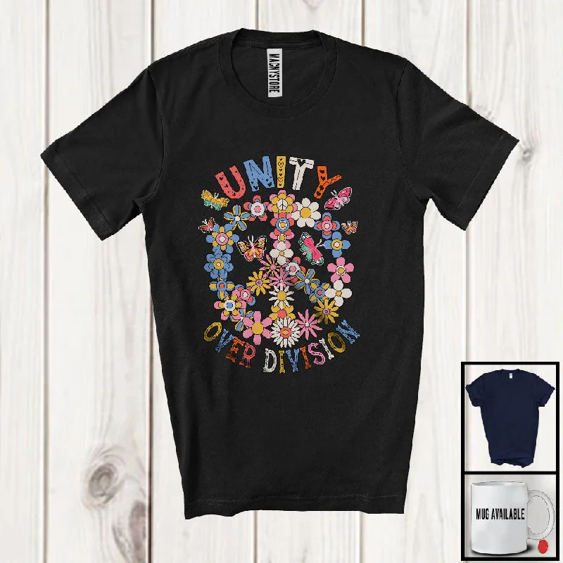 Unity Over Division; Adorable Flowers Butterflies Peace Sign; Matching Women Family Group T-Shirt Zippered Buttoned Snapped