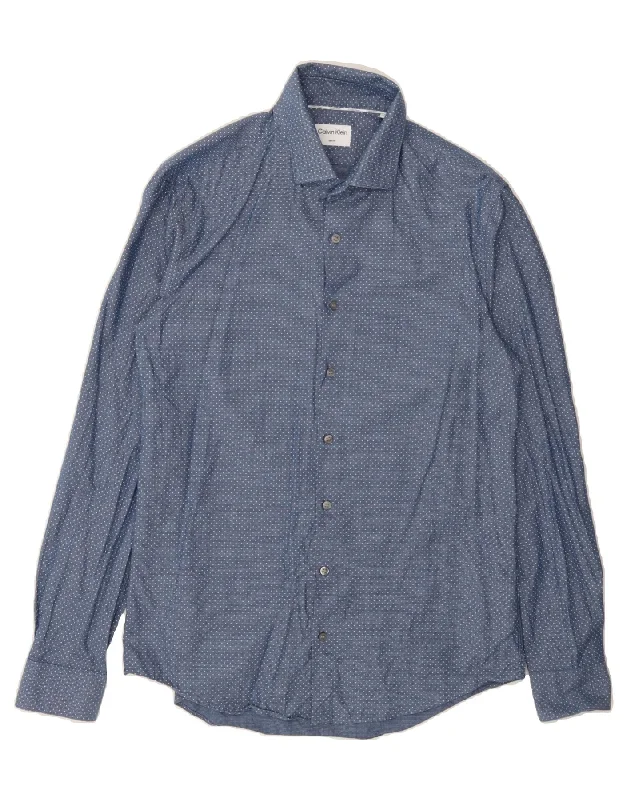 CALVIN KLEIN Mens Slim Fit Shirt Size 39 Medium Blue Spotted Cotton Welt Pockets Slit Pockets