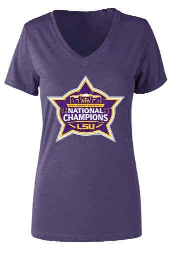 LSU Tigers 2023 Women's Basketball National Champions T-Shirt Ladies V-Neck BA Hooded Caped Shawl Collar LSU Tigers 2023 Women's Basketball National Champions T-Shirt Ladies V-Neck BA Hooded Caped Shawl Collar