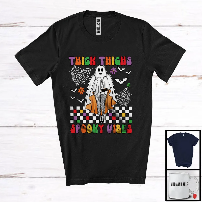 Thick Thighs Spooky Vibes; Sarcastic Halloween Boo Ghost Women; Workout Gym Group T-Shirt Front Pockets Side Pockets Patch Pockets