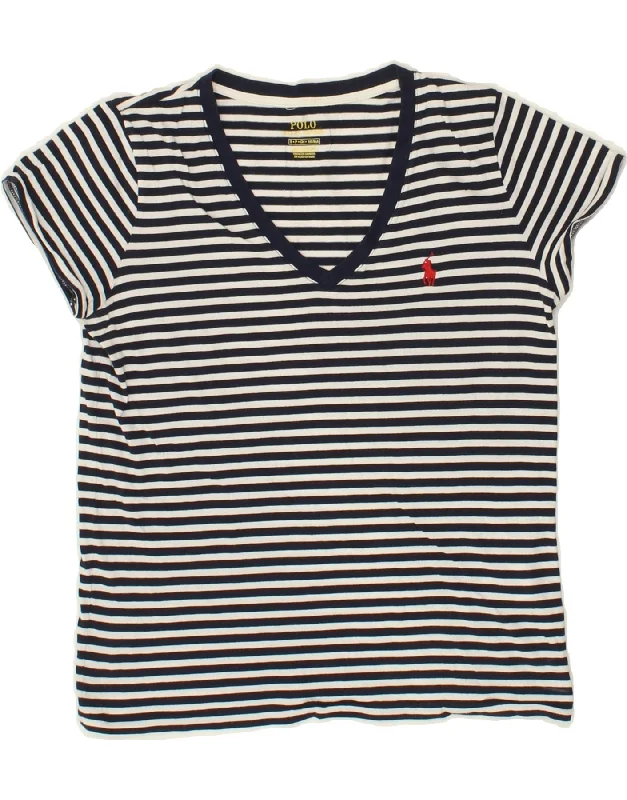POLO RALPH LAUREN Womens T-Shirt Top UK 10 Small Navy Blue Striped Cotton Front Pockets Side Pockets Patch Pockets