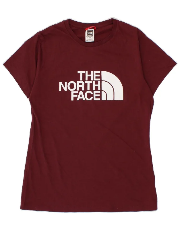 THE NORTH FACE Womens Graphic T-Shirt Top UK 14 Medium Maroon Cotton Ribbed Striped Patterned
