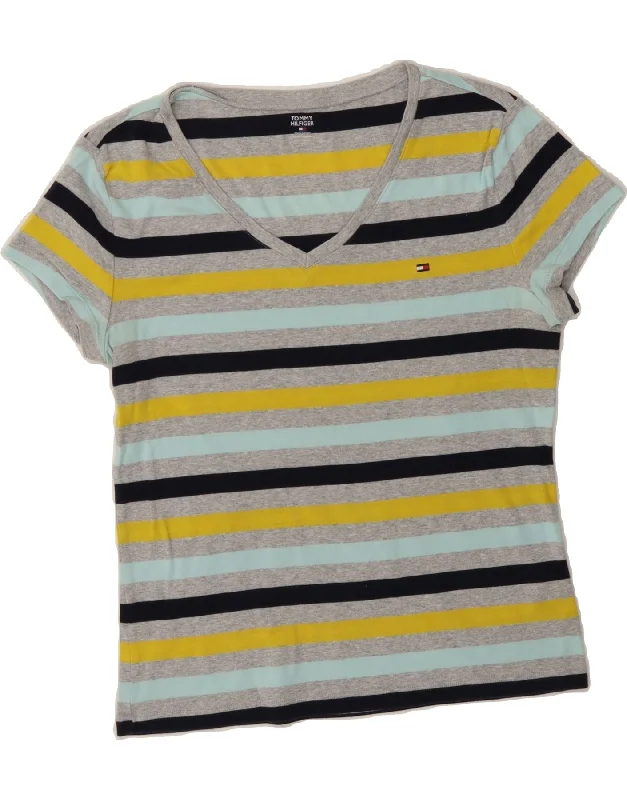 TOMMY HILFIGER Womens T-Shirt Top UK 14 Large Multicoloured Striped Cotton Zippered Front Buttoned Front Snap Front TOMMY HILFIGER Womens T-Shirt Top UK 14 Large Multicoloured Striped Cotton Zippered Front Buttoned Front Snap Front