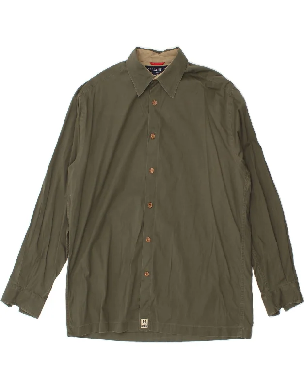 TOMMY HILFIGER Mens Shirt Medium Khaki Cotton Mesh Blend Leather Blend Suede Blend