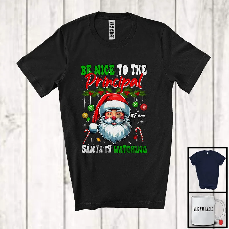 Personalized Be Nice To The Principal ; Merry Christmas Santa Face; Custom Name Women Jobs T-Shirt Collared Crew Neck Turtle Neck