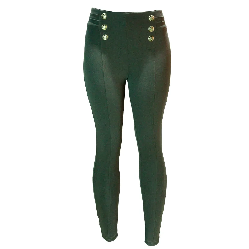 Green Leggings With Buttons Trendy Flared Leggings