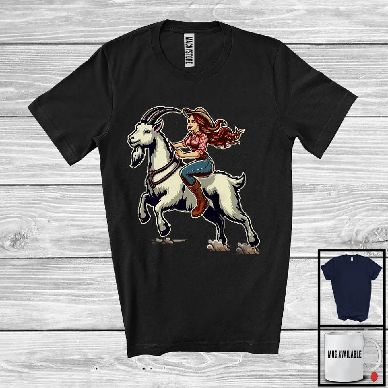 Vintage Girl Women Riding Goat; Humorous Farm Goat Farmer; Family Group T-Shirt Mesh Fabric Canvas Fabric Denim Fabric