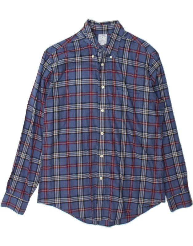 BROOKS BROTHERS Mens Regent Shirt Medium Blue Check Cotton Chenille Fabric Brocade Fabric Lace Fabric