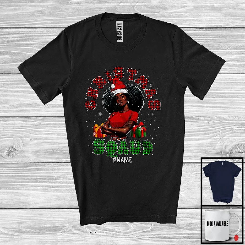Personalized Custom Name Christmas Squad; Adorable X-mas Plaid Black Women African Santa T-Shirt Casual Formal Business
