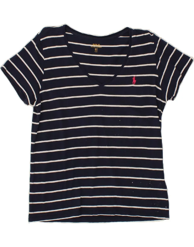 POLO RALPH LAUREN Womens T-Shirt Top UK 18 XL Navy Blue Striped Cotton Anti-Shrink Durable Soft