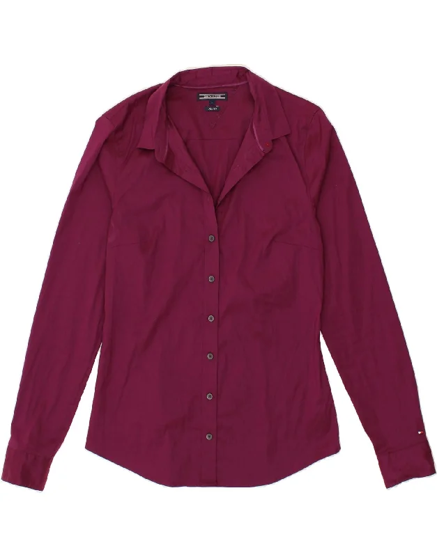 TOMMY HILFIGER Womens Slim Fit Shirt US 6 Medium Maroon Cotton Spandex Blend Rayon Blend Denim Blend