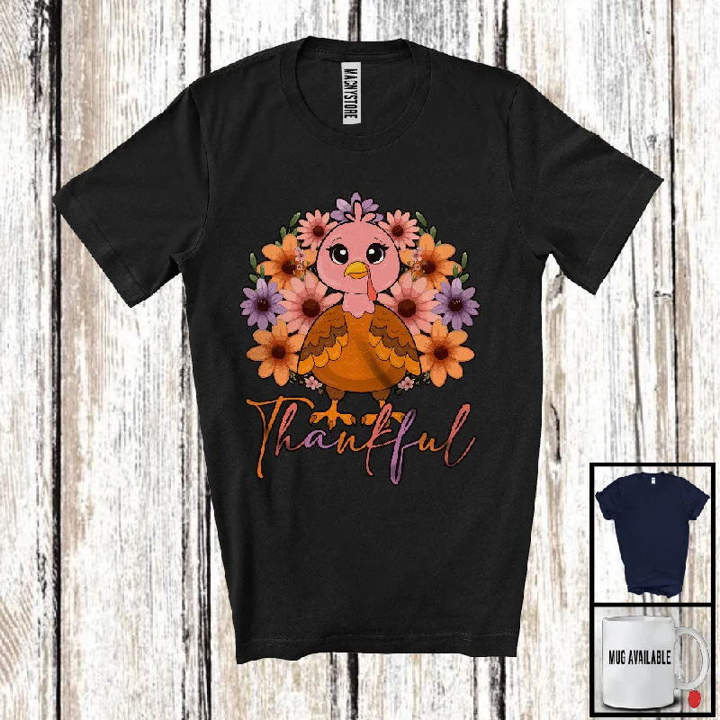 Thankful; Adorable Thanksgiving Turkey Lover Flowers; Floral Matching Girls Women Family Group T-Shirt Boxy Fit Fitted Loose