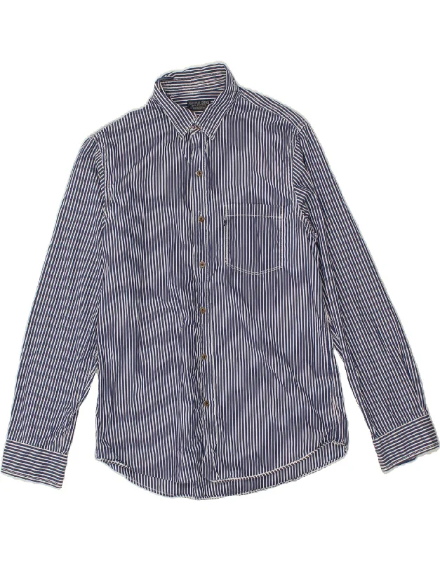 POLO RALPH LAUREN Mens Shirt Large Navy Blue Pinstripe Cotton Solid Print Embellished