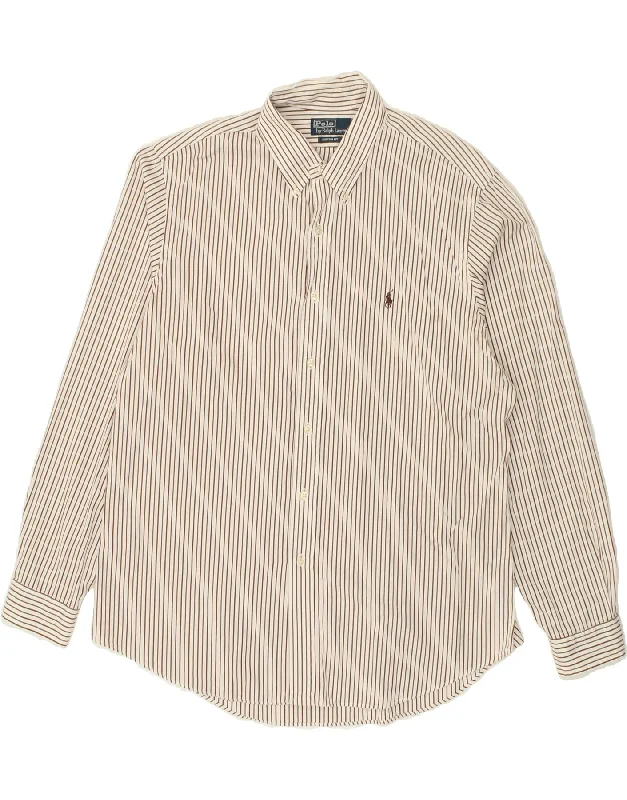 POLO RALPH LAUREN Mens Custom Fit Shirt Size 17 1/2 44 XL Beige Pinstripe Graphic Embroidered Appliqued