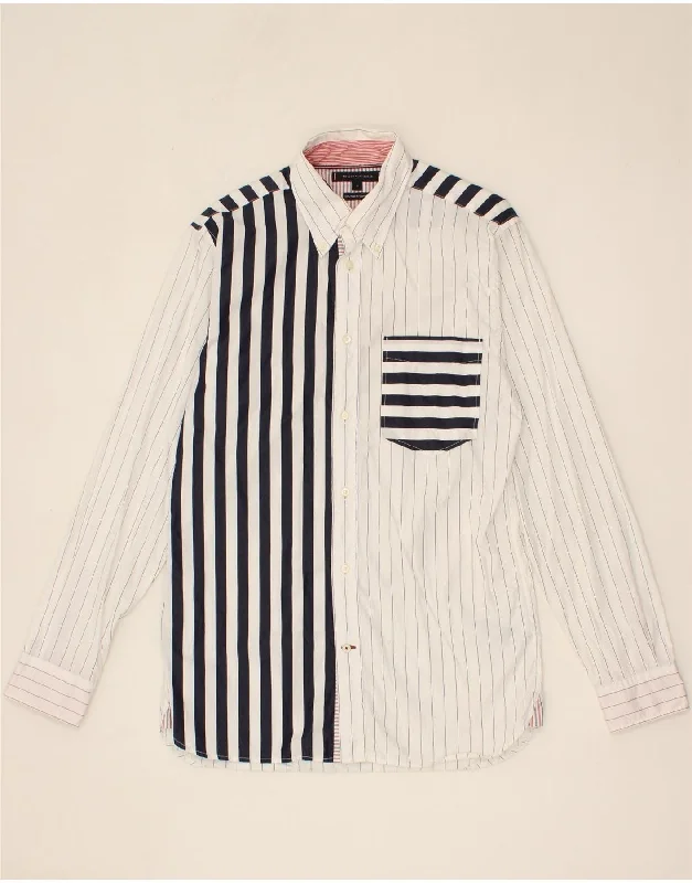 TOMMY HILFIGER Mens Shirt Small White Striped Cotton Hooded Caped Shawl Collar