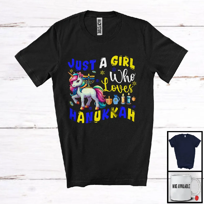 Just A Girl Who Loves Hanukkah; Wonderful Hanukkah Menorah Lights Unicorn; Girls Women Family T-Shirt Mesh Blend Leather Blend Suede Blend