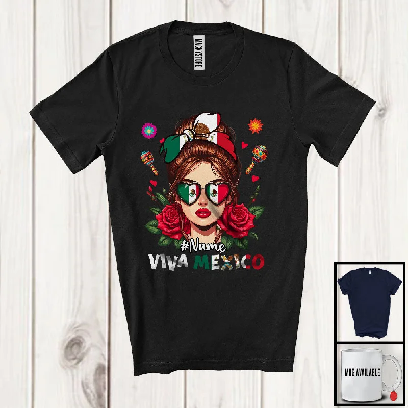 Personalized Viva Mexico; Lovely Independence Day Custom Name Women; Mexican Flag Flowers T-Shirt Anti-Shrink Durable Soft