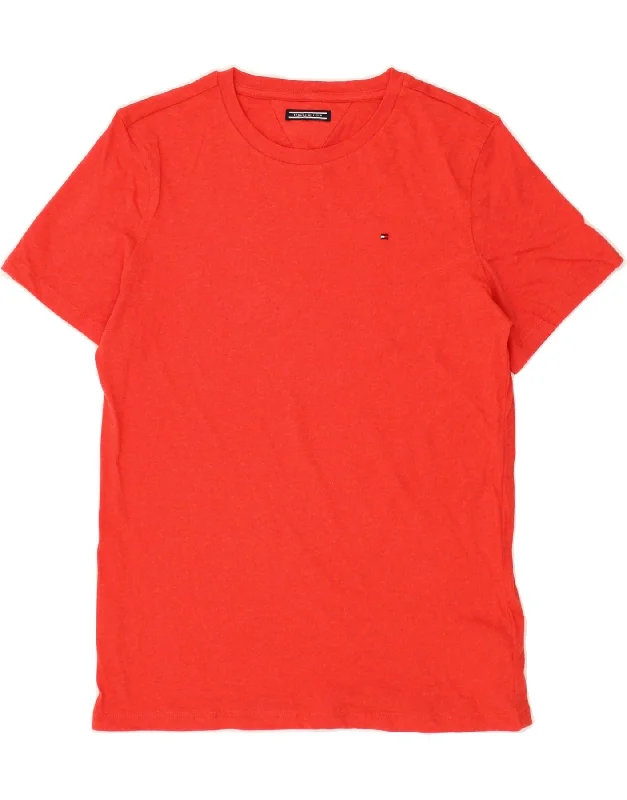 TOMMY HILFIGER Womens T-Shirt Top UK 14 Medium Red Cotton Ribbed T-Shirt High Neck Heavyweight