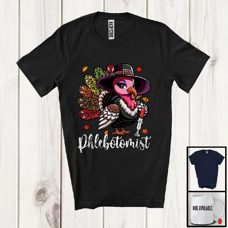 Phlebotomist; Amazing Thanksgiving Leopard Turkey Girl Women; Proud Jobs Family Group T-Shirt Hooded Caped Shawl Collar