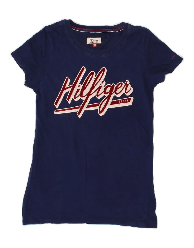 TOMMY HILFIGER Womens Graphic T-Shirt Top UK 4 XS Navy Blue Cotton Welt Pockets Slit Pockets TOMMY HILFIGER Womens Graphic T-Shirt Top UK 4 XS Navy Blue Cotton Welt Pockets Slit Pockets