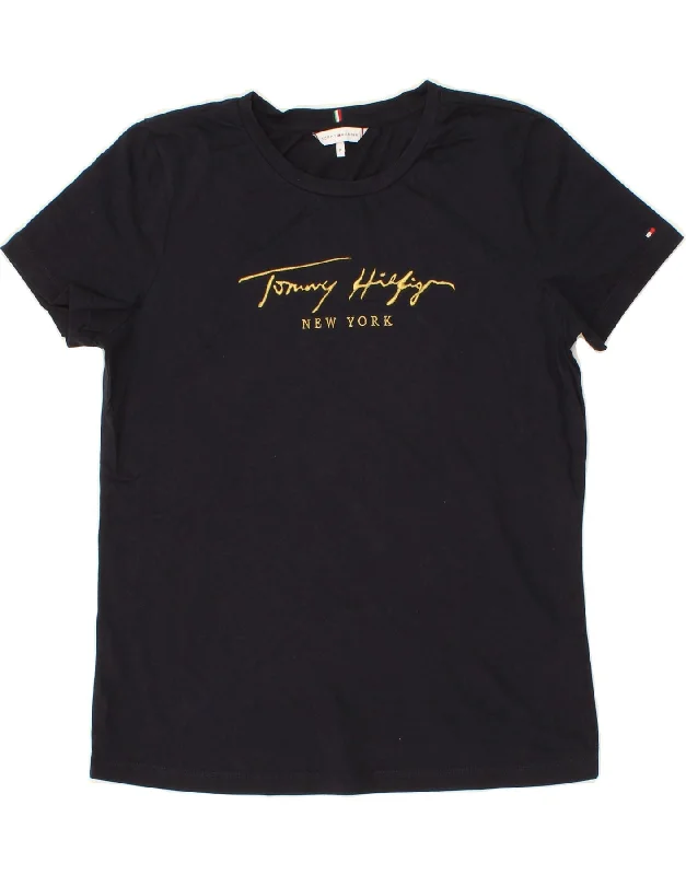 TOMMY HILFIGER Womens Graphic T-Shirt Top UK 14 Medium Black Cotton Satin Blend Silk Blend Wool Blend