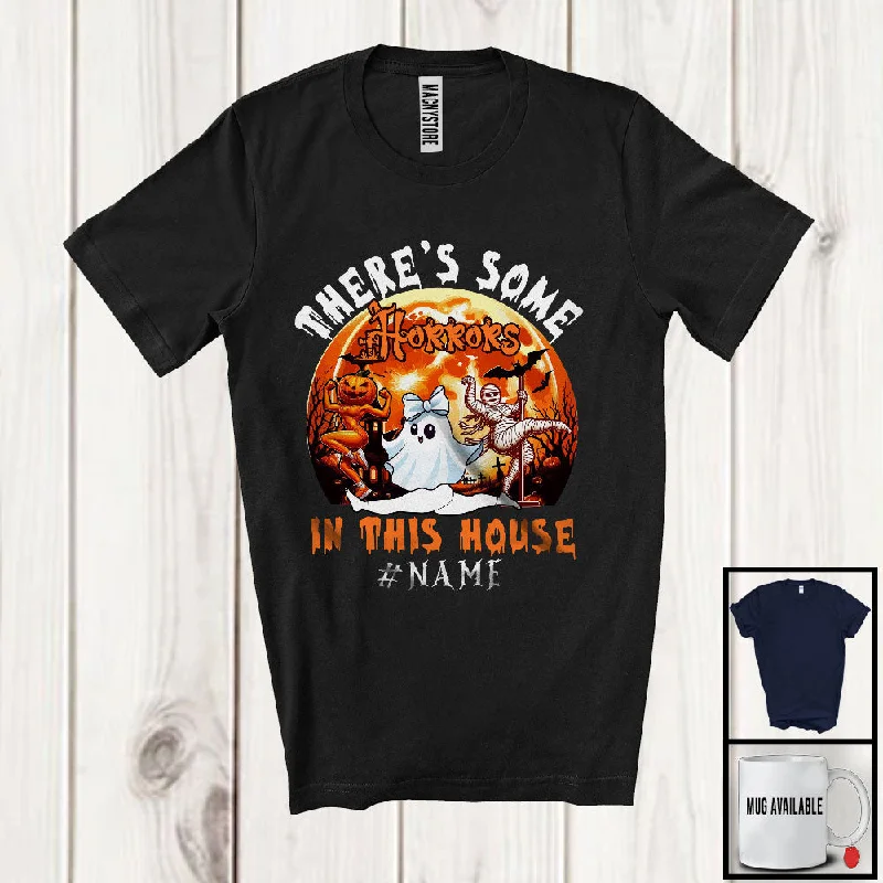 Personalized Some Horrors In This House, Scary Halloween Moon Boo, Custom Name Women Dancer T-Shirt Collared T-Shirt Boat Neck A-Line