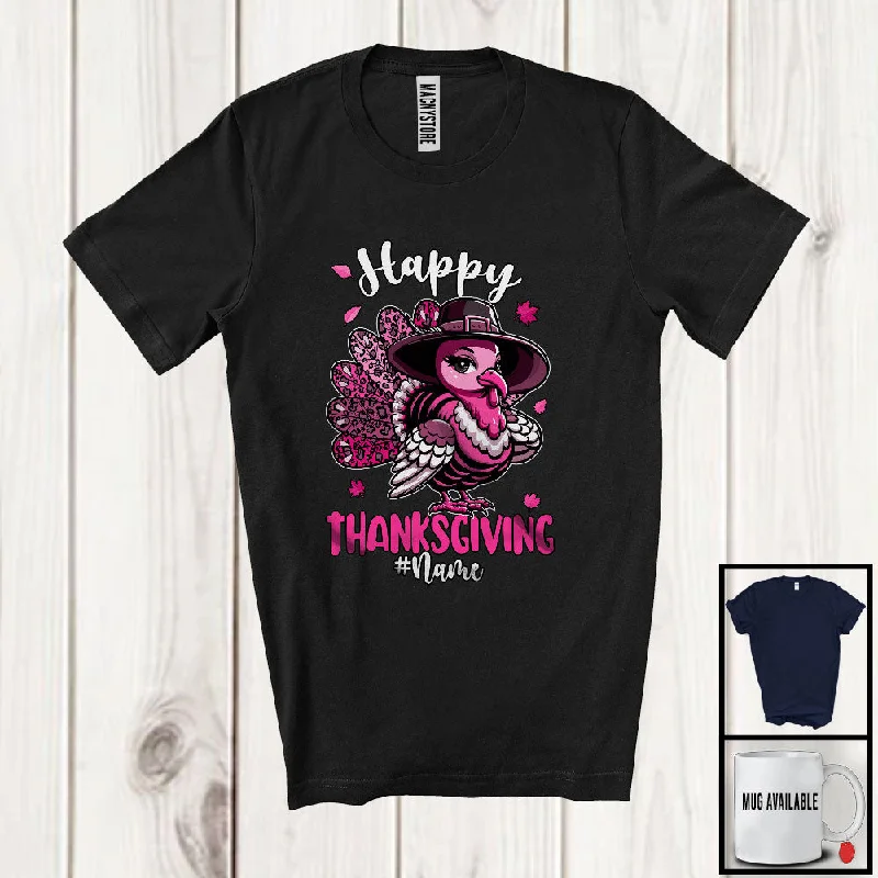 Personalized Custom Name Happy Thanksgiving; Humorous Pink Turkey Pilgrim; Women Family T-Shirt Ribbed T-Shirt High Neck Heavyweight