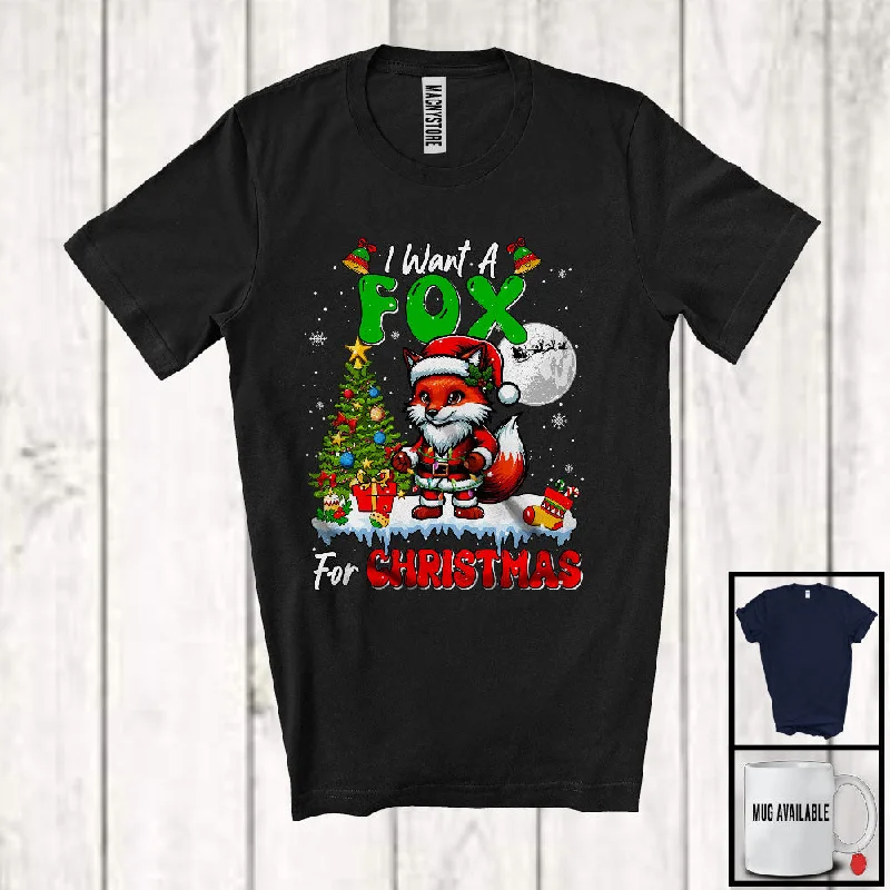 I Want A Fox For Christmas; Lovely X-mas Tree Santa Fox Wild Animal; Women Family T-Shirt Jersey Fabric Tulle Fabric Batik Fabric