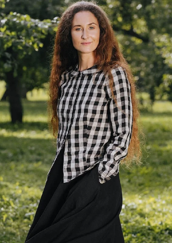 Classic Shirt, Long Sleeve, Black Checkers Embroidered Appliqued Beaded