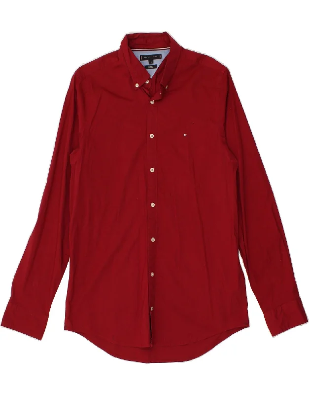 TOMMY HILFIGER Mens Slim Fit Shirt Large Red Cotton Fleece Fabric Down Fabric Feather Fabric