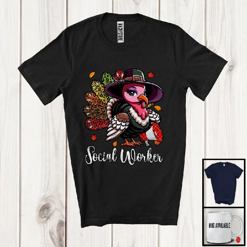 Social Worker; Amazing Thanksgiving Leopard Turkey Girl Women; Proud Jobs Family Group T-Shirt Asymmetrical Pockets Print