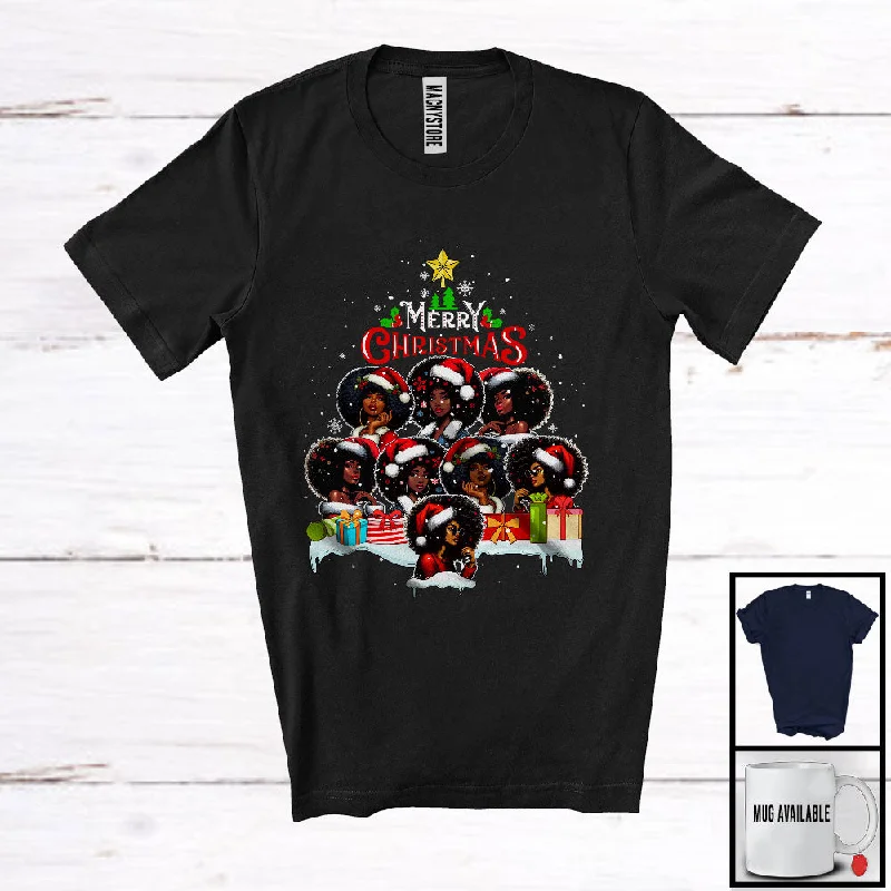 Merry Christmas; Lovely Christmas Lights Tree Santa African American Girls Women; Black Afro T-Shirt Lace Blend Ribbed Blend Corduroy Blend