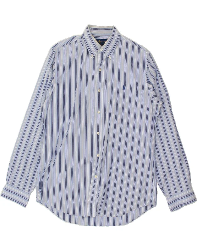 RALPH LAUREN Mens Shirt Medium Blue Striped Cotton Mesh Blend Leather Blend Suede Blend