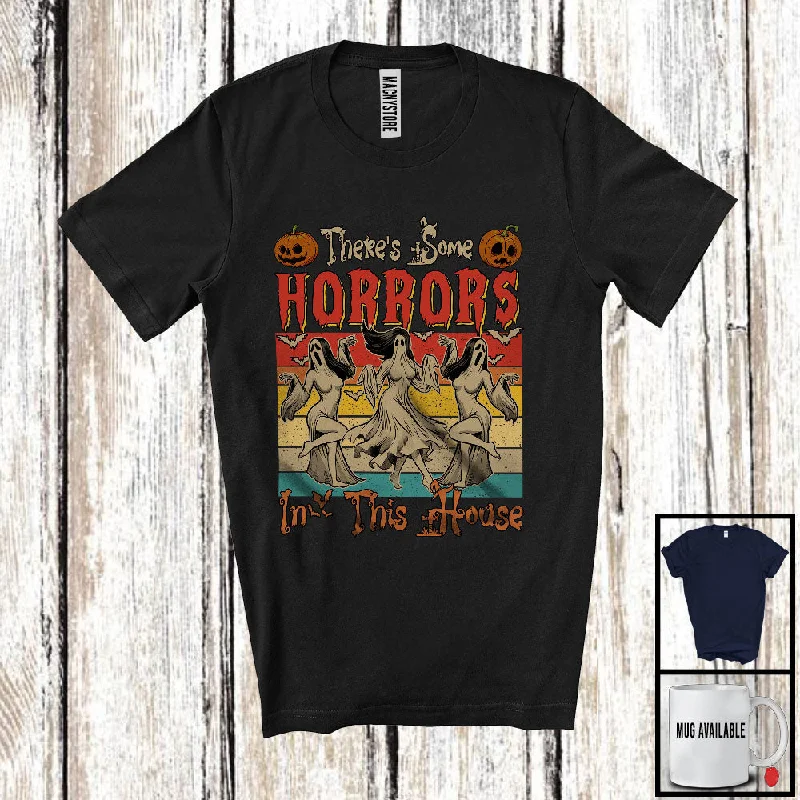 There's Some Horrors In This House; Humorous Halloween Boo Ghost; Women Vintage Retro T-Shirt Solid Print Embellished