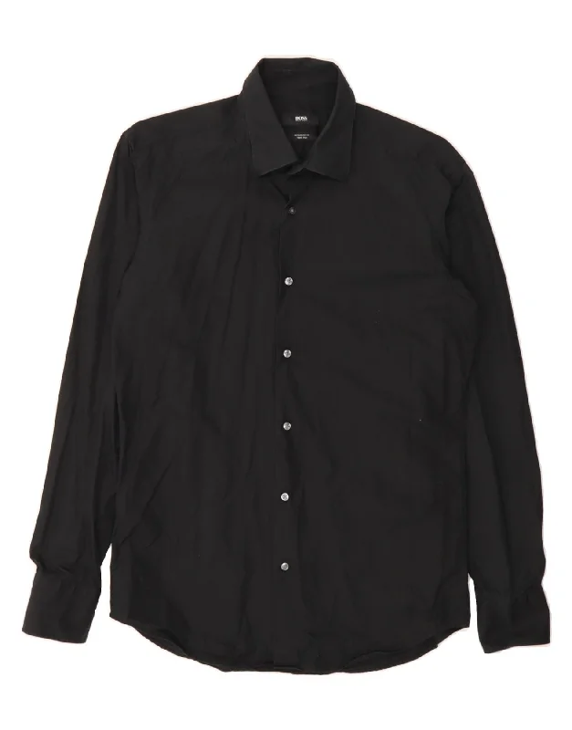 HUGO BOSS Mens Regular Fit Shirt Size 15 Medium Black Cotton Ribbed T-Shirt High Neck Heavyweight