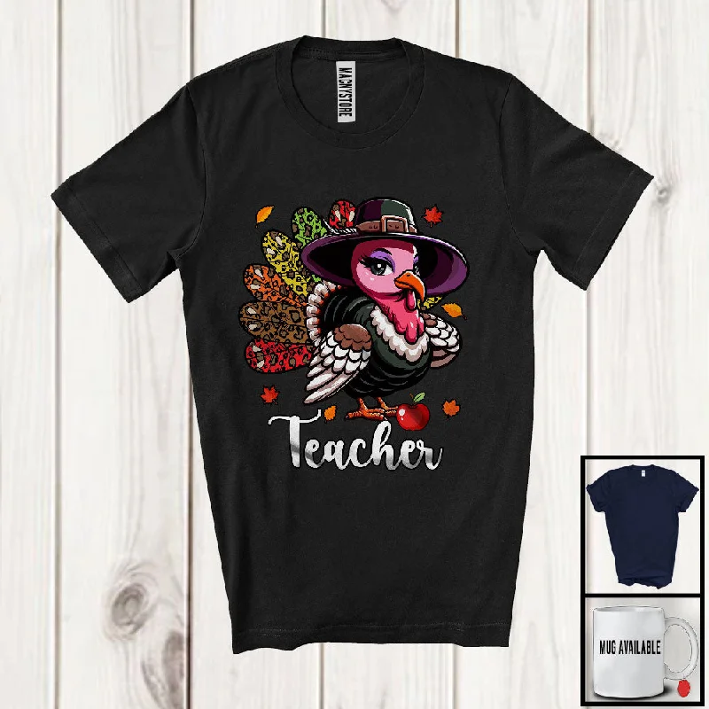 Teacher; Amazing Thanksgiving Leopard Turkey Girl Women; Proud Jobs Family Group T-Shirt Thin T-Shirt Open Front Quick Dry