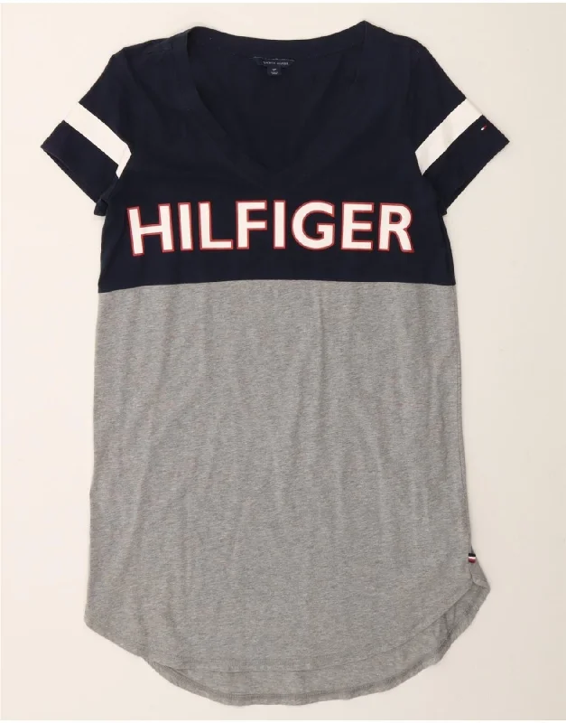 TOMMY HILFIGER Womens Graphic T-Shirt Dress UK 10 Small Grey Colourblock Zippered Front Buttoned Front Snap Front
