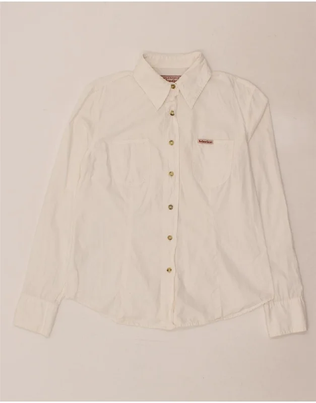 MARLBORO CLASSICS Womens Slim Fit Shirt UK 12 Medium White Cotton Fleece Nylon Spandex
