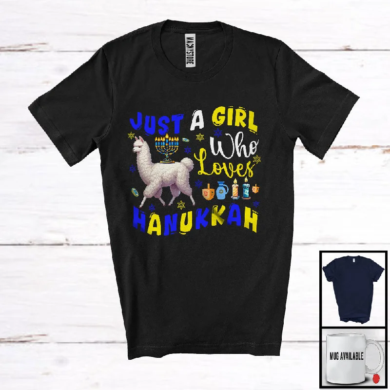 Just A Girl Who Loves Hanukkah; Wonderful Hanukkah Menorah Lights Llama; Girls Women Family T-Shirt Houndstooth Herringbone Solid