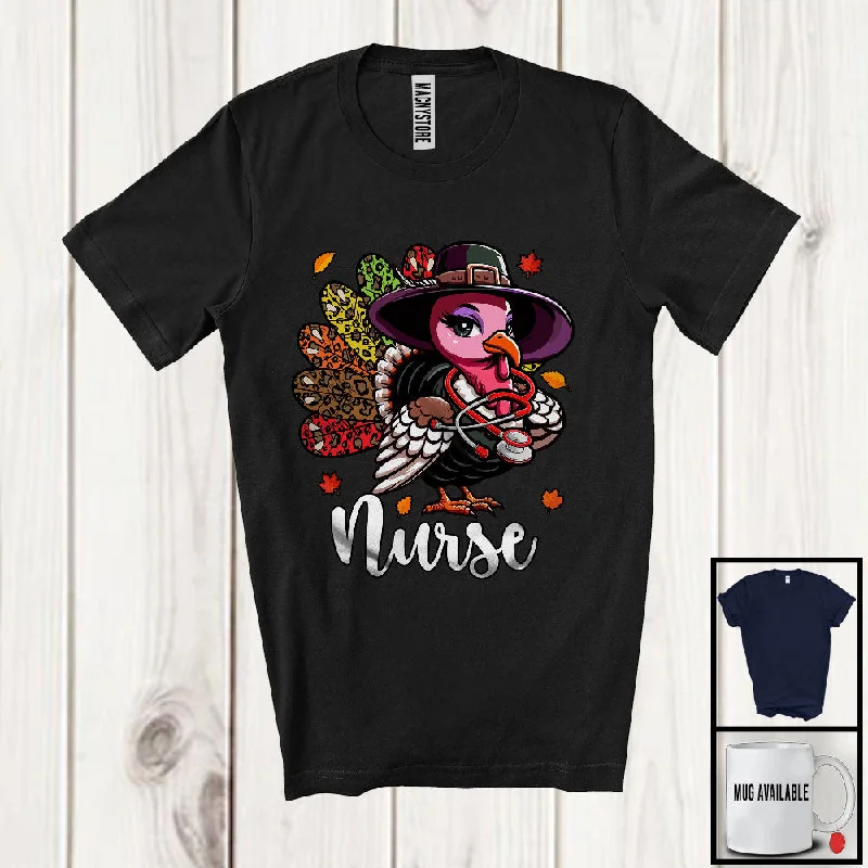 Nurse; Amazing Thanksgiving Leopard Turkey Girl Women; Proud Jobs Family Group T-Shirt Rayon Velvet Corduroy